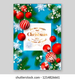 Merry Christmas Party Invitation Fir Red ball paper cut snowflake Winter holiday xmas noel background Christmas Party invitation greeting card paper snowflakes in a fir pine tree branches vector3d