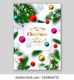 Merry Christmas Party Invitation Fir Red ball paper cut snowflake Winter holiday xmas noel background Christmas Party invitation greeting card paper snowflakes in a fir pine tree branches vector3d