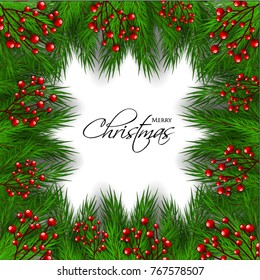 Merry Christmas party invitation fir tree branch background with red berry