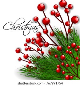 Merry Christmas party invitation fir tree branch background with red berry