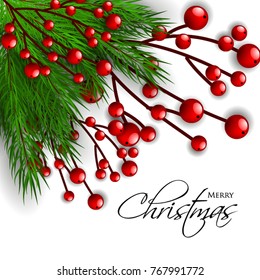 Merry Christmas party invitation fir tree branch background with red berry