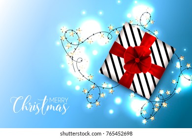 Merry Christmas Party Invitation with gift box red bow and star light garland