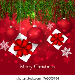 Merry Christmas party invitation gift box fir wreath balls