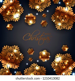 Merry Christmas Party invitation. Gold Origami Paper cut snowflake. Happy New Year Decoration. Winter snowflakes background. Seasonal holidays. Snowfall. Origami. Black background. Vector 3D