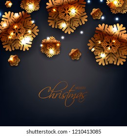 Merry Christmas Party invitation. Gold Origami Paper cut snowflake. Happy New Year Decoration. Winter snowflakes background. Seasonal holidays. Snowfall. Origami. Black background. Vector 3D