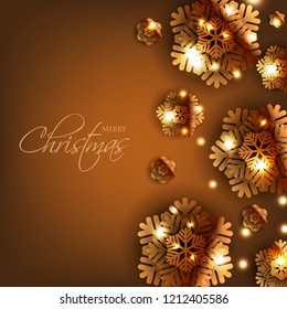 Merry Christmas Party invitation. Gold Origami Paper cut snowflake. Happy New Year Decoration. Winter snowflakes background. Seasonal holidays. Snowfall. Origami. Brown background. Vector 3D