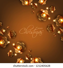 Merry Christmas Party invitation. Gold Origami Paper cut snowflake. Happy New Year Decoration. Winter snowflakes background. Seasonal holidays. Snowfall. Origami. Brown background. Vector 3D