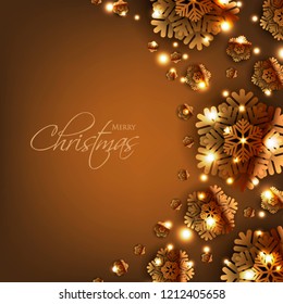 Merry Christmas Party invitation. Gold Origami Paper cut snowflake. Happy New Year Decoration. Winter snowflakes background. Seasonal holidays. Snowfall. Origami. Brown background. Vector 3D