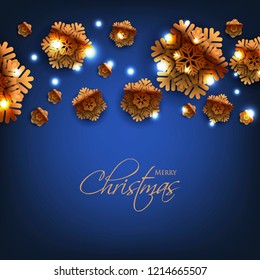 Merry Christmas Party invitation. Gold Origami Paper cut snowflake. Happy New Year Decoration. Winter snowflakes background. Seasonal holidays. Snowfall. Origami. Blue background. Vector 3D