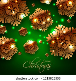 Merry Christmas Party invitation. Gold Origami Paper cut snowflake. Happy New Year Decoration. Winter snowflakes background. Seasonal holidays. Snowfall. Origami. Green background. Vector 3D
