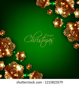 Merry Christmas Party invitation. Gold Origami Paper cut snowflake. Happy New Year Decoration. Winter snowflakes background. Seasonal holidays. Snowfall. Origami. Green background. Vector 3D