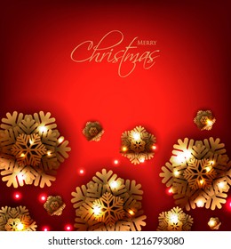 Merry Christmas Party invitation. Gold Origami Paper cut snowflake. Happy New Year Decoration. Winter snowflakes background. Seasonal holidays. Snowfall. Origami. Red background. Vector 3D
