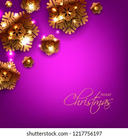 Merry Christmas Party invitation. Gold Origami Paper cut snowflake. Happy New Year Decoration. Winter snowflakes background. Seasonal holidays. Snowfall. Origami. Violet background. Vector 3D