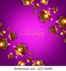Merry Christmas Party invitation. Gold Origami Paper cut snowflake. Happy New Year Decoration. Winter snowflakes background. Seasonal holidays. Snowfall. Origami. Violet background. Vector 3D