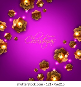 Merry Christmas Party invitation. Gold Origami Paper cut snowflake. Happy New Year Decoration. Winter snowflakes background. Seasonal holidays. Snowfall. Origami. Violet background. Vector 3D