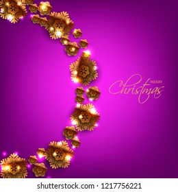 Merry Christmas Party invitation. Gold Origami Paper cut snowflake. Happy New Year Decoration. Winter snowflakes background. Seasonal holidays. Snowfall. Origami. Violet background. Vector 3D