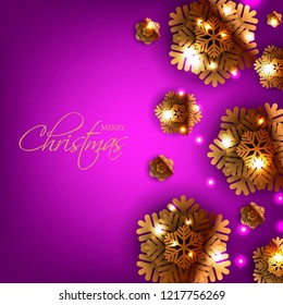 Merry Christmas Party invitation. Gold Origami Paper cut snowflake. Happy New Year Decoration. Winter snowflakes background. Seasonal holidays. Snowfall. Origami. Violet background. Vector 3D