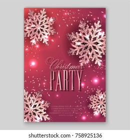 Merry Christmas Party Invitation with gold snowflake and lights confetti