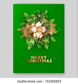 Merry Christmas party invitation gold snowflake green fir tree branch gift box golden bow balls Vector winter holiday greeting card template
