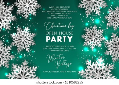 Merry Christmas Party invitation green blue greeting card silver foil paper cut snowflakes  vector illustration Winter holiday greeting card template 