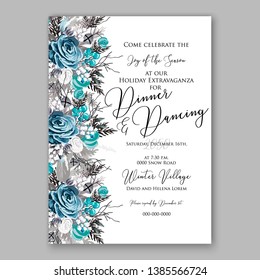 Merry Christmas Party Invitation or greeting card vector winter floral template fir blue rose white berry pine cone