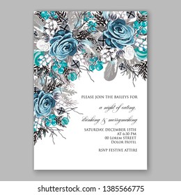 Merry Christmas Party Invitation or greeting card vector winter floral template fir blue rose white berry pine cone