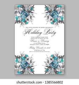 Merry Christmas Party Invitation or greeting card vector winter floral template fir blue rose white berry pine cone