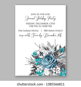 Merry Christmas Party Invitation or greeting card vector winter floral template fir blue rose white berry pine cone