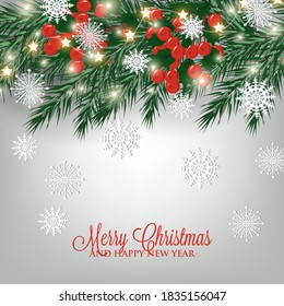 Merry Christmas party invitation or greeting card fir pine tree poinsettia flower ted balls paper cut snowflake