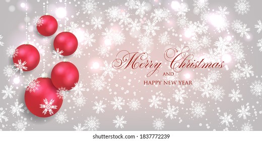 Merry Christmas Party Invitation or greeting card snowflake fir tree balls