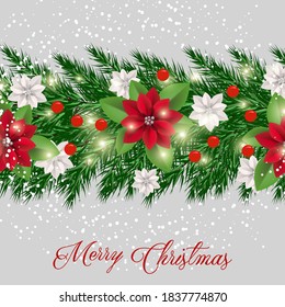 Merry Christmas Party Invitation or greeting card fir tree wreath red poinsettia flowers paper cut snowflake