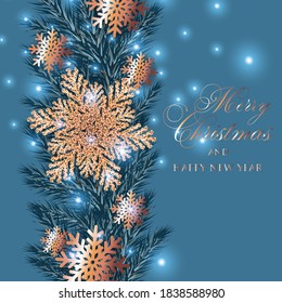 Merry Christmas Party Invitation or greeting card fir wreath paper cut snowflake gold blue background Happy new year noel