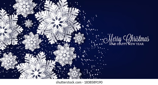 Merry Christmas Party Invitation or greeting card paper cut snowflake Happy new year