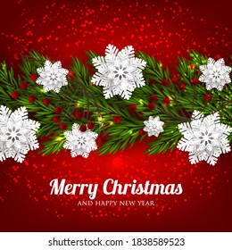 Merry Christmas Party Invitation or greeting card fir tree wreath paper cut sanowflake