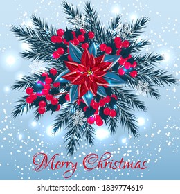 Merry Christmas Party Invitation or greeting card poinsettia flower fir tree wreath snowflake