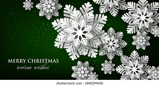Merry Christmas Party Invitation or greeting card paper cut snowflake Happy New Year winter background sale poster vector