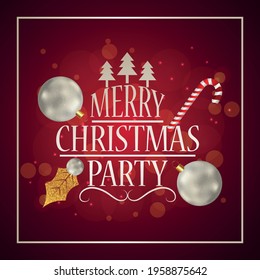 Merry christmas party invitation greeting card with creative party balls on red background