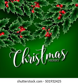 Merry Christmas party invitation or greeting card template with lettering and winter wreath of holly branches