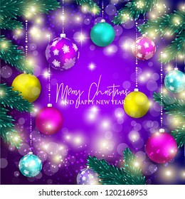 
Merry Christmas party invitation and Happy New Year Party Invitation Card Christmas Party poster Holiday design template Christmas decoration fir tree, Pine Branches snowflake, gift box, lights, ball