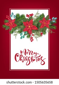 Merry Christmas party invitation and Happy New Year Party Invitation Card and poster Holiday design template Christmas decoration fir tree, poinsetia