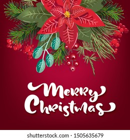 Merry Christmas party invitation and Happy New Year Party Invitation Card and poster Holiday design template Christmas decoration fir tree, poinsetia