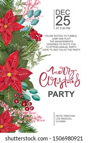 Merry Christmas party invitation and Happy New Year Party Invitation Card and poster Holiday design template Christmas decoration fir tree, poinsetia