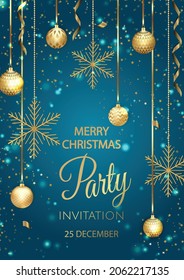 Merry Christmas Party invitation. Happy New Year card Decoration. Winter background. Seasonal holidays.