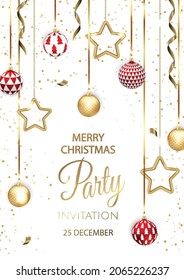 Merry Christmas Party invitation. Happy New Year card Decoration. Winter background. Seasonal holidays.