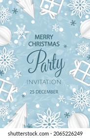 Merry Christmas Party invitation. Happy New Year card Decoration. Winter background. Seasonal holidays.