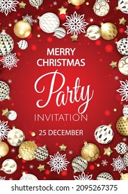 Merry Christmas Party invitation. Happy New Year card Decoration. Winter background. Seasonal holidays.