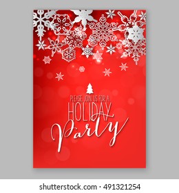 Merry Christmas party invitation and Happy New Year Party Invitation Card Christmas Party poster Holiday design template Christmas decoration fir tree, Pine Branches snowflake, gift box, lights, balls