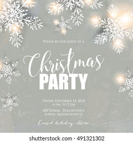 Merry Christmas party invitation and Happy New Year Party Invitation Card Christmas Party poster Holiday design template Christmas decoration fir tree, Pine Branches snowflake, gift box, lights, balls