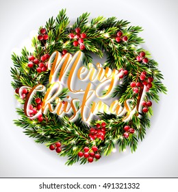 Merry Christmas party invitation and Happy New Year Party Invitation Card Christmas Party poster Holiday design template Christmas decoration fir tree, Pine Branches snowflake, gift box, lights, balls