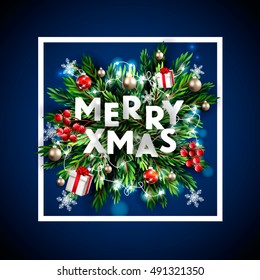 Merry Christmas party invitation and Happy New Year Party Invitation Card Christmas Party poster Holiday design template Christmas decoration fir tree, Pine Branches snowflake, gift box, lights, balls